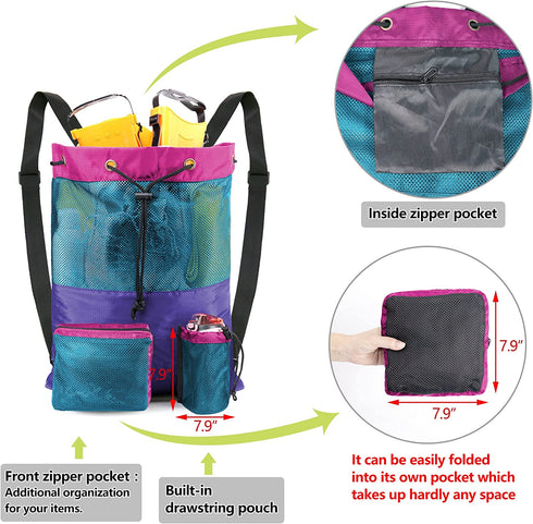 BeeGreen Beach Bag Folding Into Pouch Boxing Equipment Mesh Backpack Drawstring Backpack for Kids Swimming Pool Sports