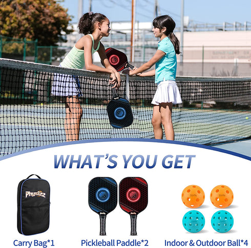 PHYSIZZ Pickleball Paddles Set of 2, Lightweight Graphite Surface Honeycomb Core Pickleball Rackets with 4 Pickleball Balls