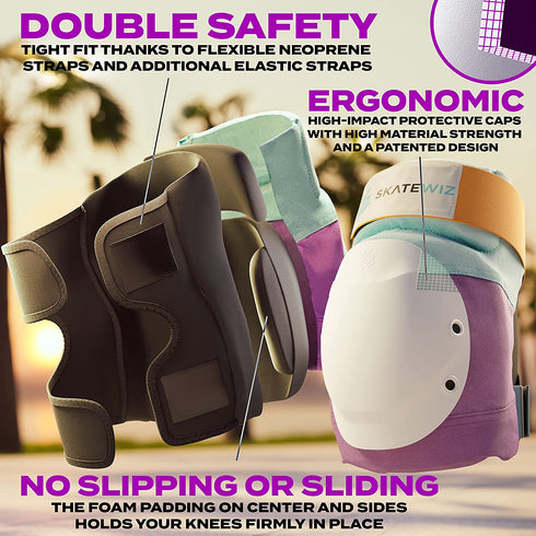 SKATEWIZ Skateboard Pads Adult [6pc] Shield Elbow Pads and Wrist Guards Protective Gear