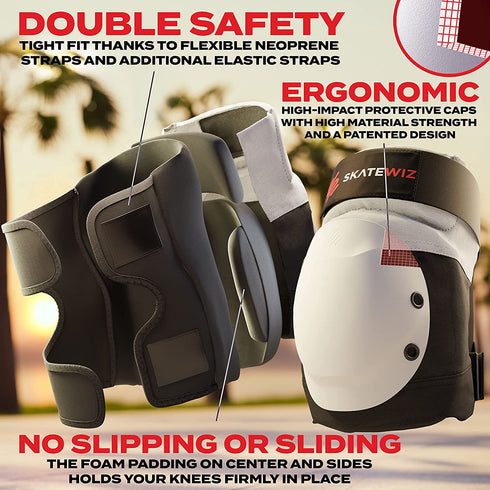 SKATEWIZ Skateboard Pads Adult [6pc] Shield Elbow Pads and Wrist Guards Protective Gear