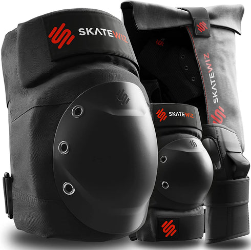 SKATEWIZ Skateboard Pads Adult [6pc] Shield Elbow Pads and Wrist Guards Protective Gear