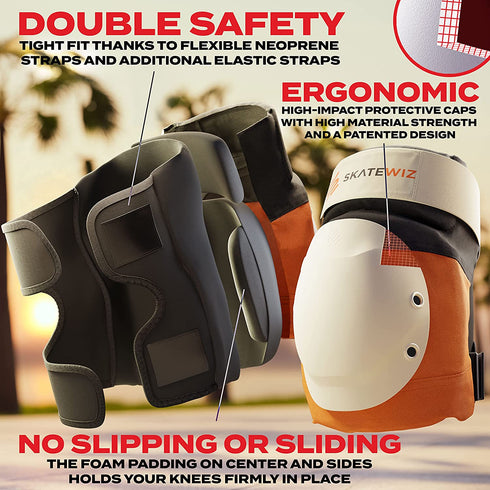 SKATEWIZ Skateboard Pads Adult [6pc] Shield Elbow Pads and Wrist Guards Protective Gear