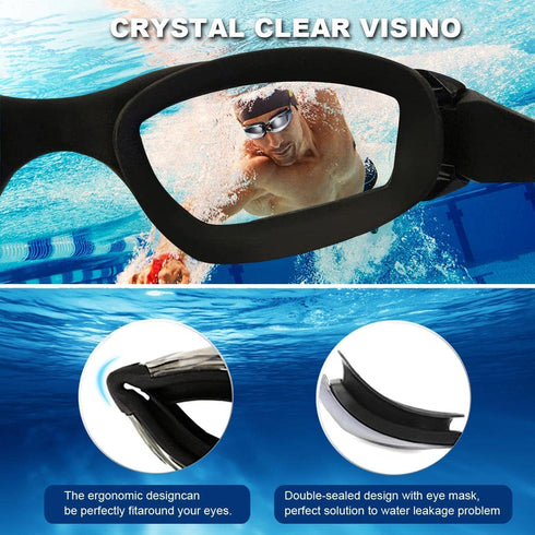 Swimming Goggles Set for Adult Men Women, Polarized Anti-Fog UV Protection Mirrored Swim Goggles with Swinming Cap, Nose Clip, Earplugs, Flannel bag-Black