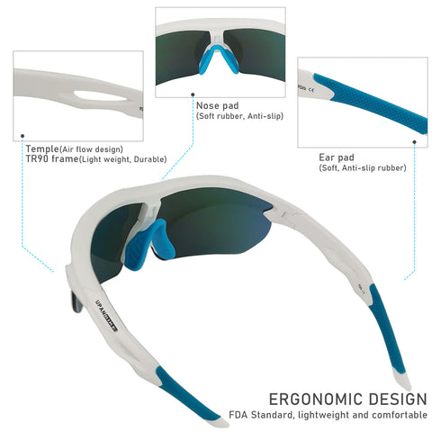 UPANBIKE Bike Cycling Sunglasses Sports Sunglasses Anti-UV400 PC Lens TR90 Unbreakable Frame Unisex Adult Goggle, Glossy White Frame/Blue Lens