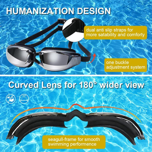 Swimming Goggles Set for Adult Men Women, Polarized Anti-Fog UV Protection Mirrored Swim Goggles with Swinming Cap, Nose Clip, Earplugs, Flannel bag-Black